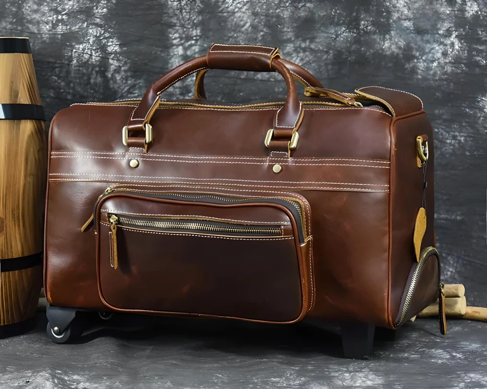 leather carry on duffel bag with wheels
